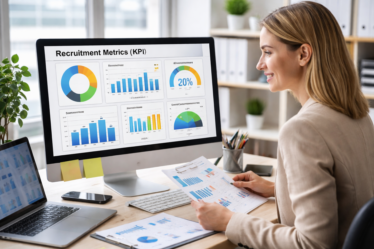 HR manager reviewing recruitment metrics and KPIs on an analytics dashboard to evaluate hiring performance and data-driven recruitment insights.