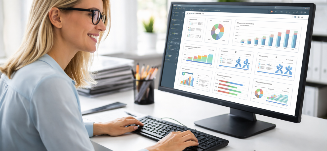 HR manager using HR reporting and analytics dashboard to analyze workforce data and business insights