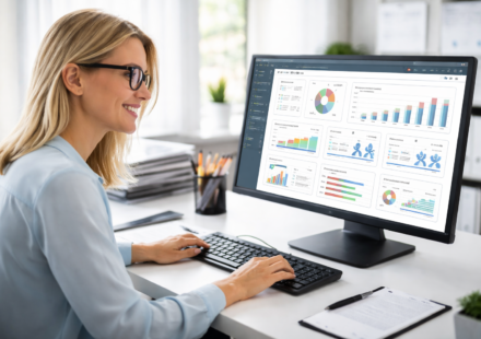 HR manager using HR reporting and analytics dashboard to analyze workforce data and business insights