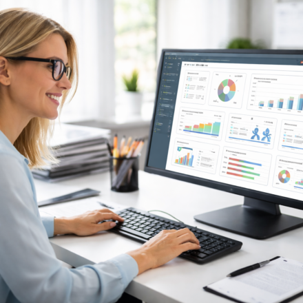 HR manager using HR reporting and analytics dashboard to analyze workforce data and business insights