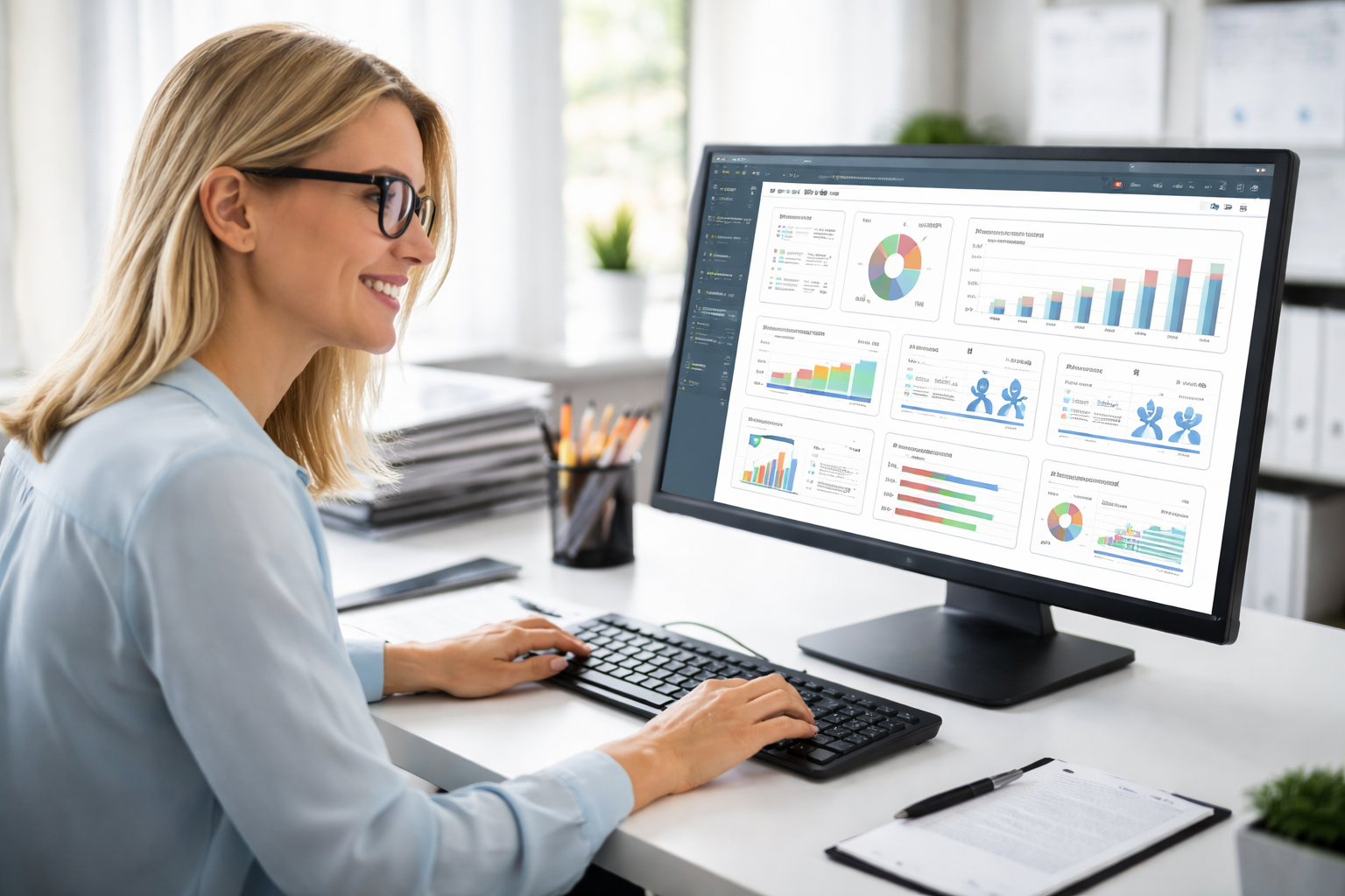 HR manager using HR reporting and analytics dashboard to analyze workforce data and business insights