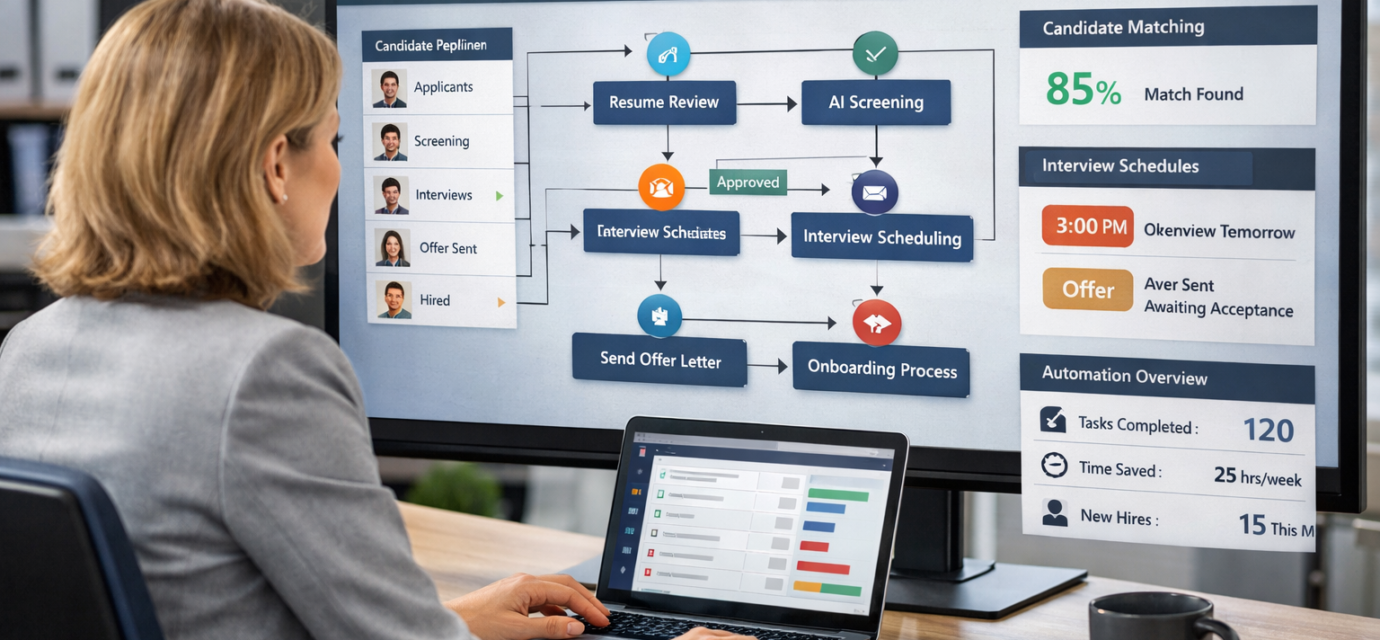 HR consultant using workflow automation tools on a large screen HR platform to automate candidate hiring and recruitment processes