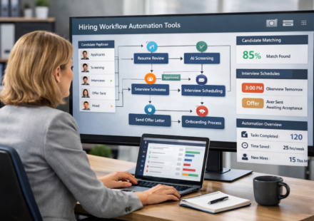 HR consultant using workflow automation tools on a large screen HR platform to automate candidate hiring and recruitment processes