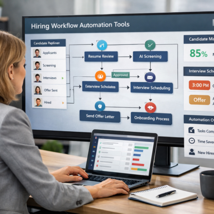 HR consultant using workflow automation tools on a large screen HR platform to automate candidate hiring and recruitment processes