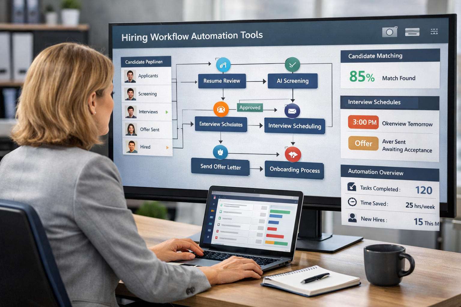 HR consultant using workflow automation tools on a large screen HR platform to automate candidate hiring and recruitment processes
