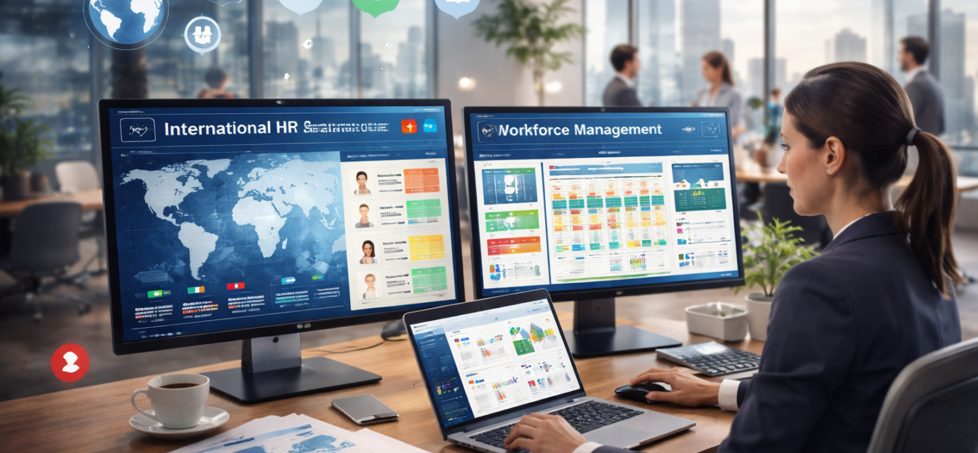 International HR software dashboard with workforce management system showing global employee data and scheduling in a modern office