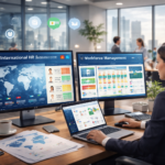 International HR software dashboard with workforce management system showing global employee data and scheduling in a modern office