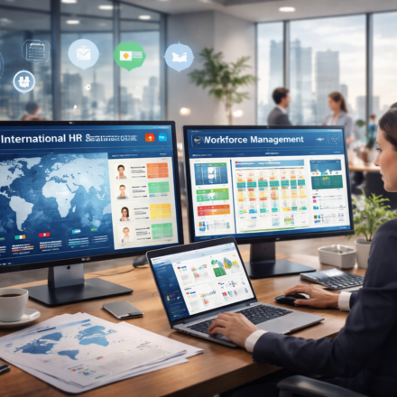 International HR software dashboard with workforce management system showing global employee data and scheduling in a modern office