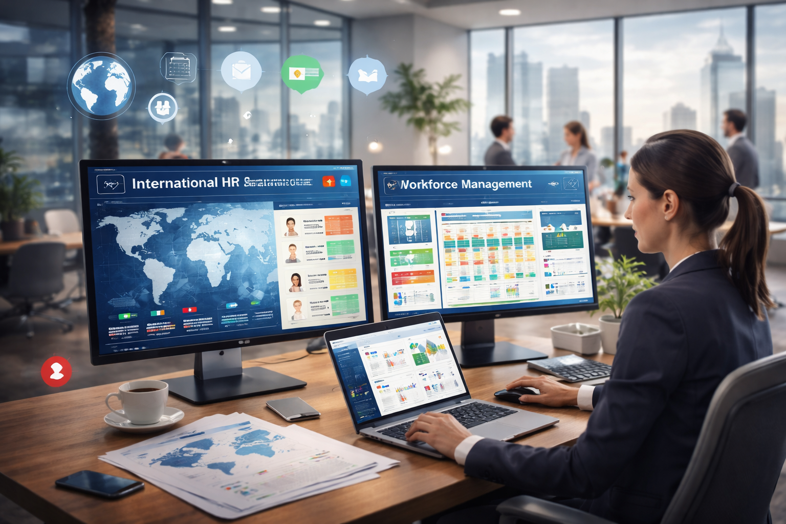 International HR software dashboard with workforce management system showing global employee data and scheduling in a modern office