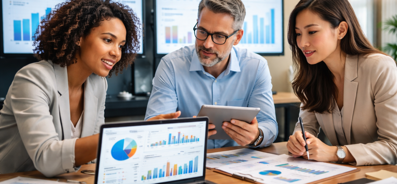 HR managers and consultant reviewing workforce planning data analytics dashboards and workflow reporting metrics