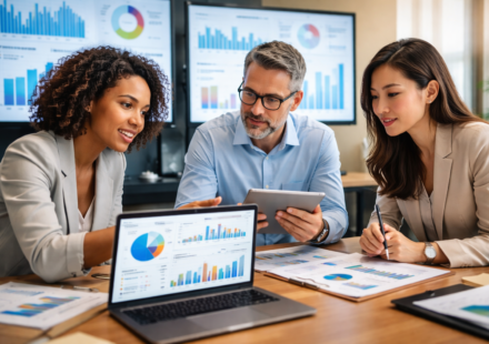 HR managers and consultant reviewing workforce planning data analytics dashboards and workflow reporting metrics