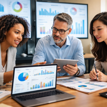 HR managers and consultant reviewing workforce planning data analytics dashboards and workflow reporting metrics