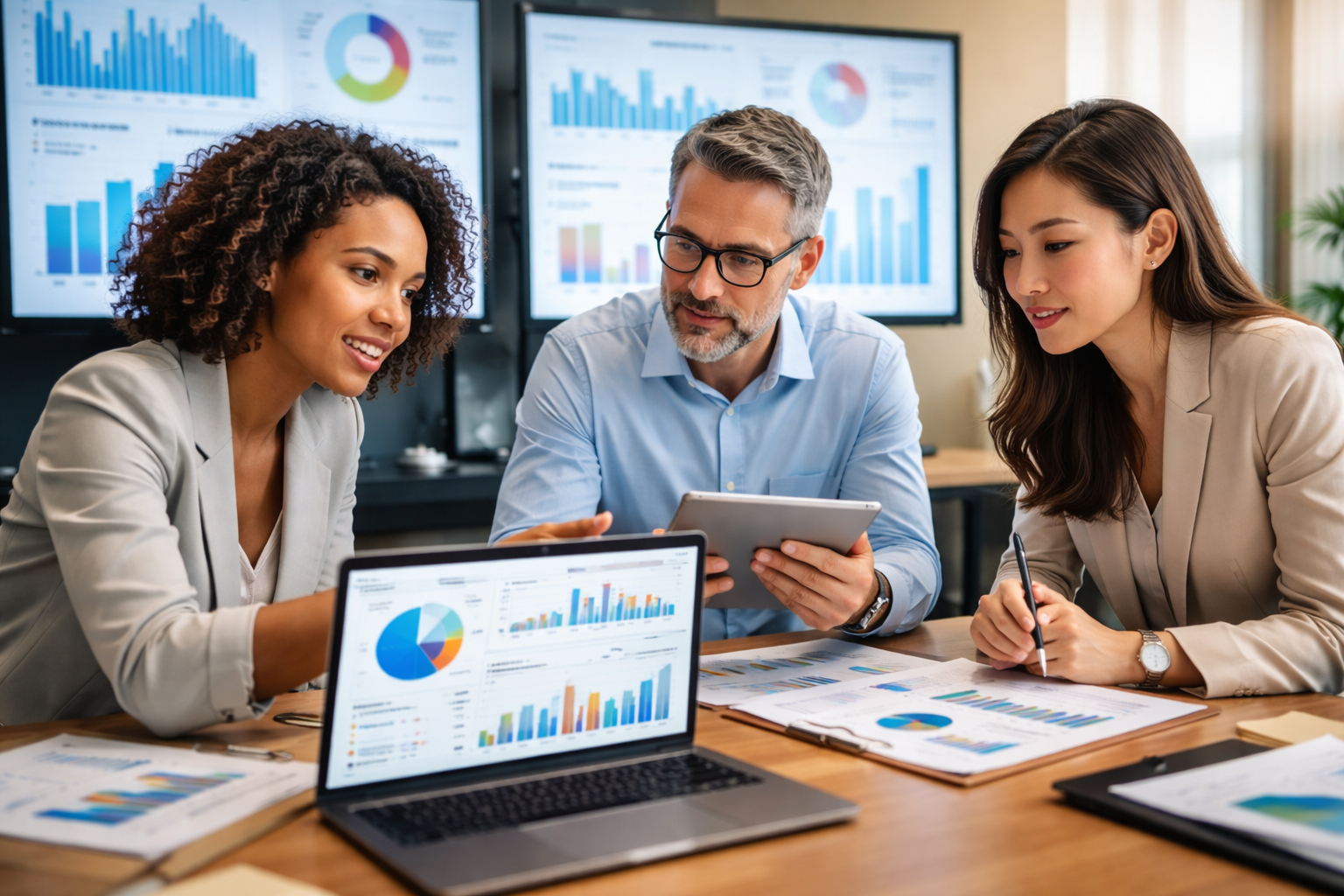 HR managers and consultant reviewing workforce planning data analytics dashboards and workflow reporting metrics