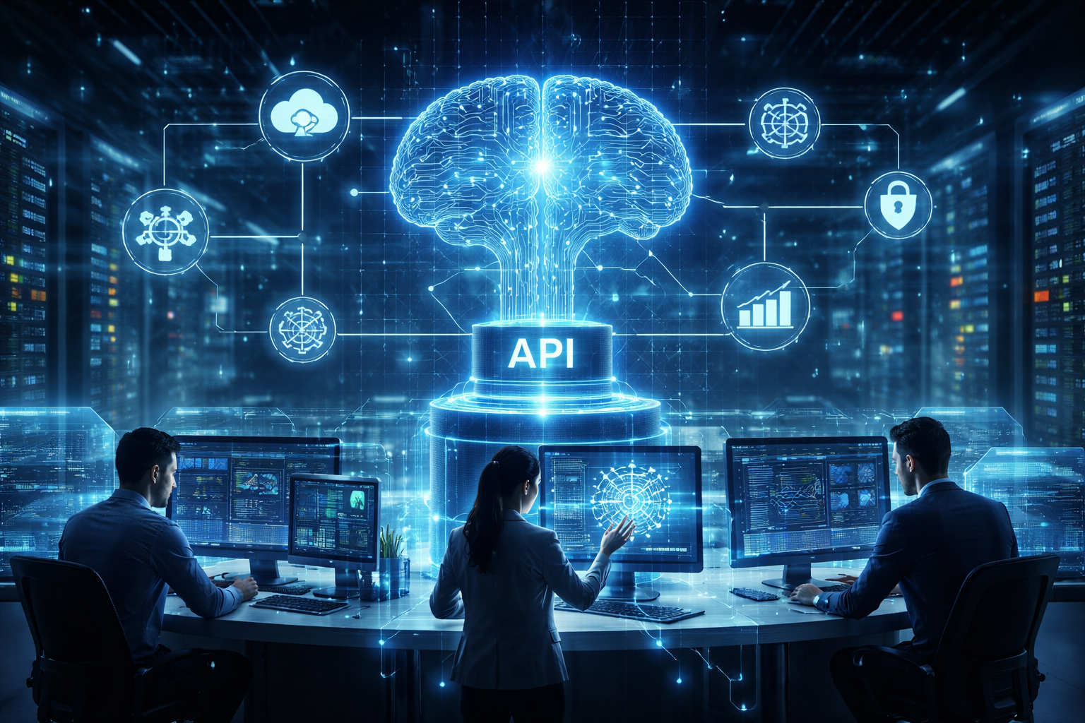 AI and API implementation visualization showing neural network connected to cloud services and multiple systems in a modern data center environment