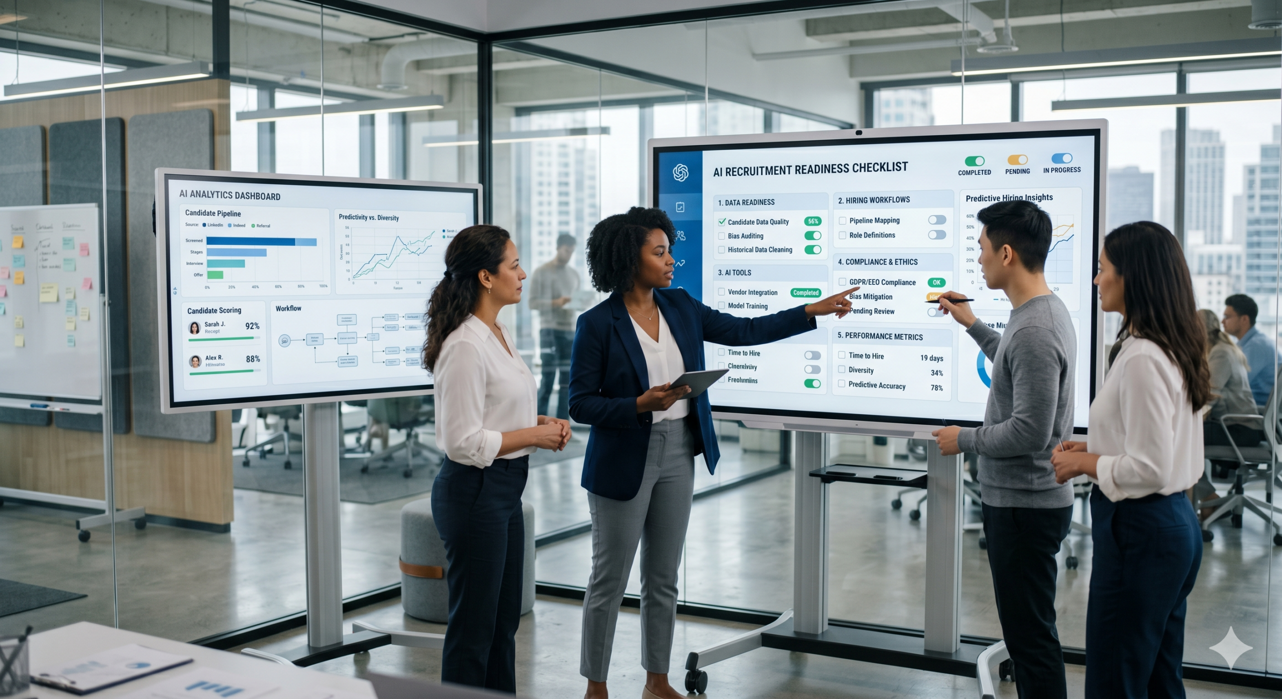 AI recruitment readiness checklist dashboard showing data readiness, hiring workflows, AI tools, and compliance metrics with HR team collaboration