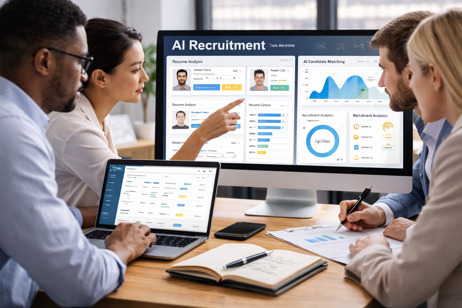 Four HR professionals reviewing AI recruitment software dashboard with candidate matching, resume analysis, and hiring analytics in a modern office