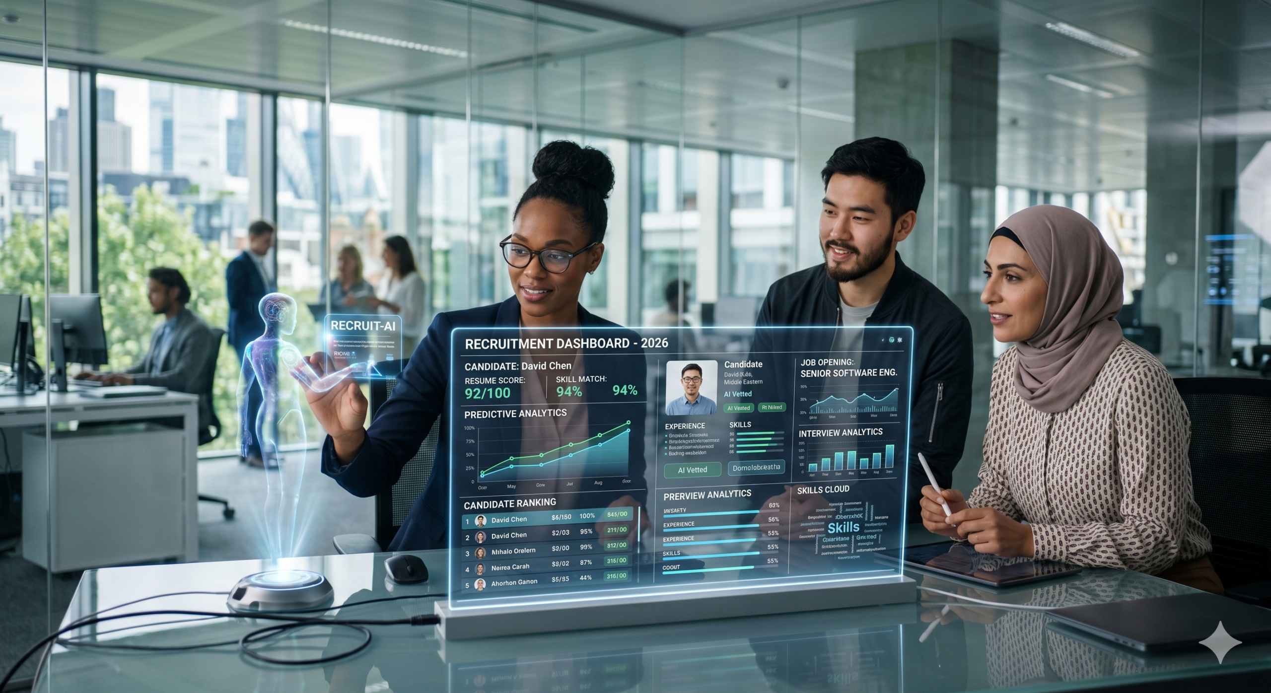 AI recruitment tools comparison dashboard showing candidate analytics, resume scoring, and hiring insights in a modern office setting