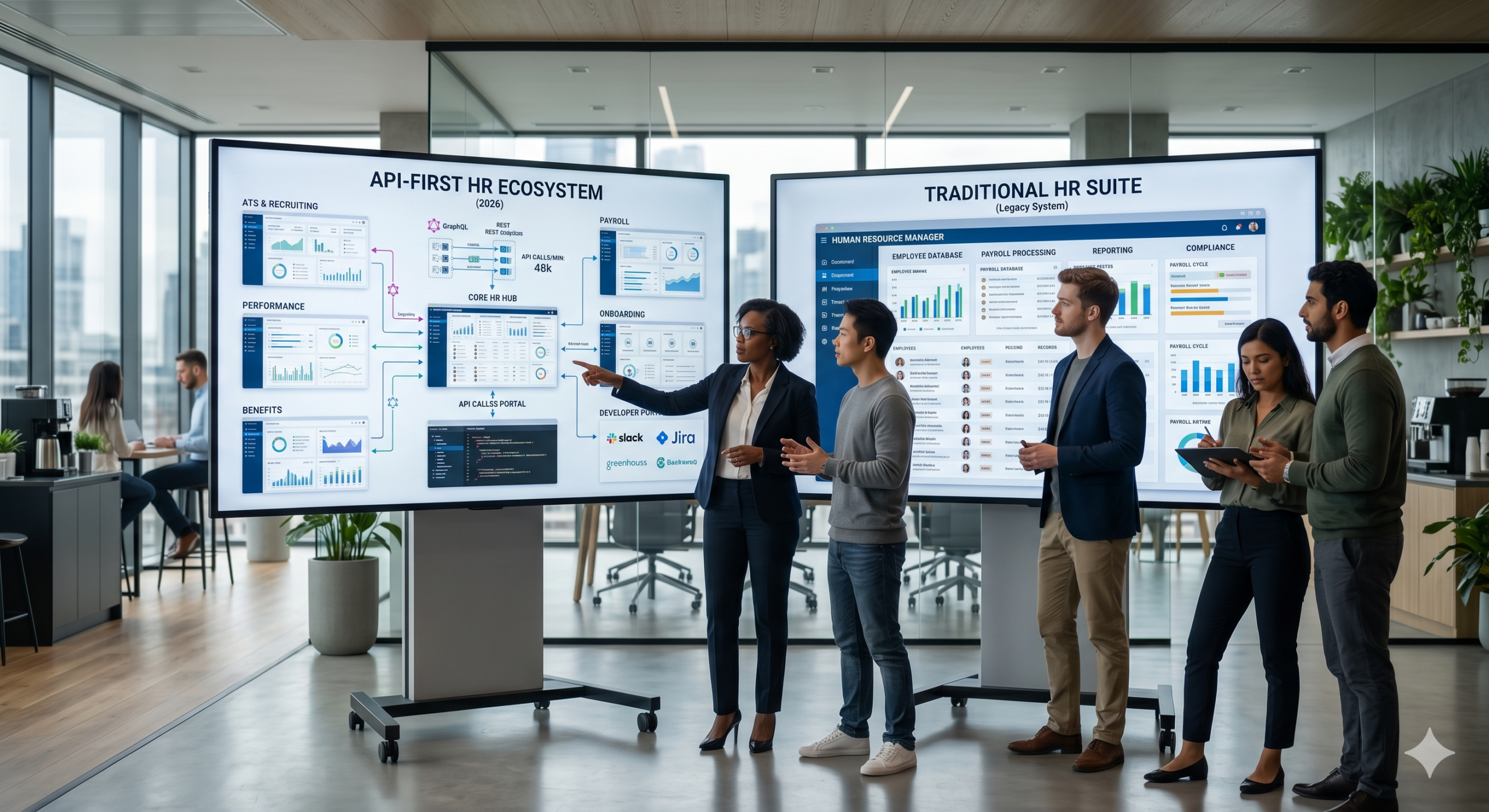 API-first vs traditional HR software comparison showing modular HR ecosystem with integrations and a monolithic HR suite dashboard in a modern office