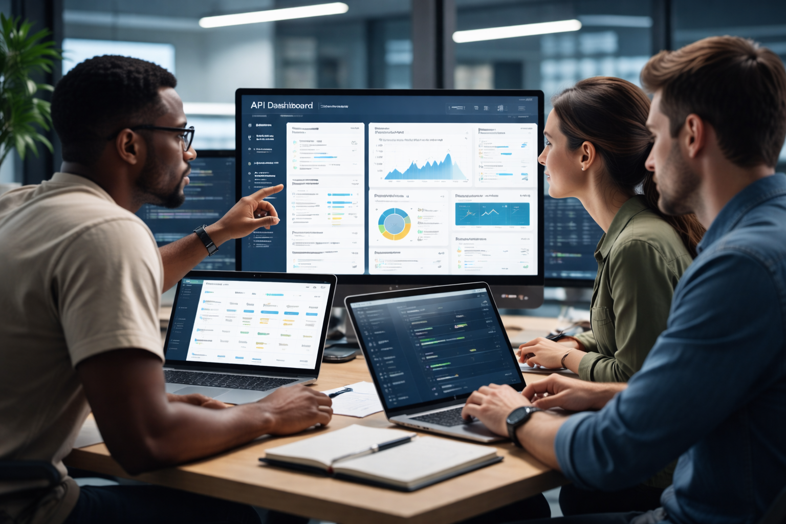 Data engineers reviewing API platform dashboards with analytics, performance metrics, and system integrations in a modern office