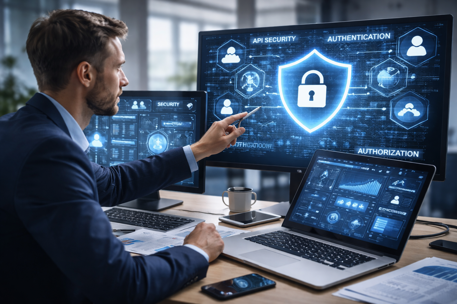 Security consultant analyzing API security and authentication systems on digital dashboards in a modern cybersecurity workspace
