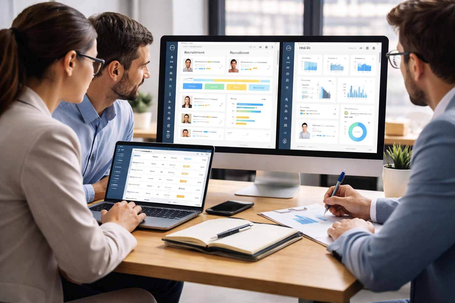 Three HR professionals reviewing ATS and HRIS dashboards with recruitment data, employee analytics, and hiring metrics in a modern office