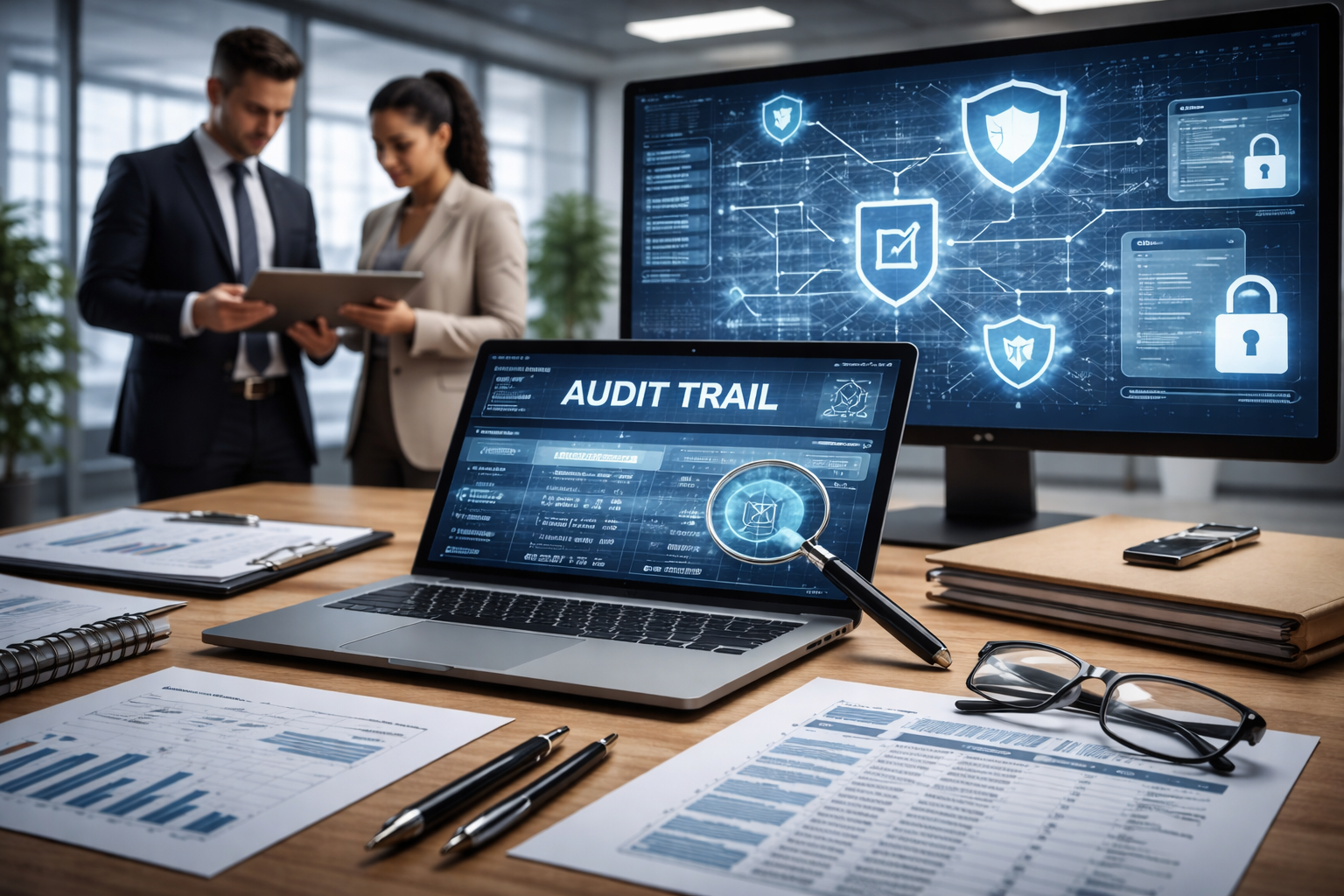 Audit trails and governance system showing secure data monitoring, activity logs, and compliance tracking in a modern digital workspace