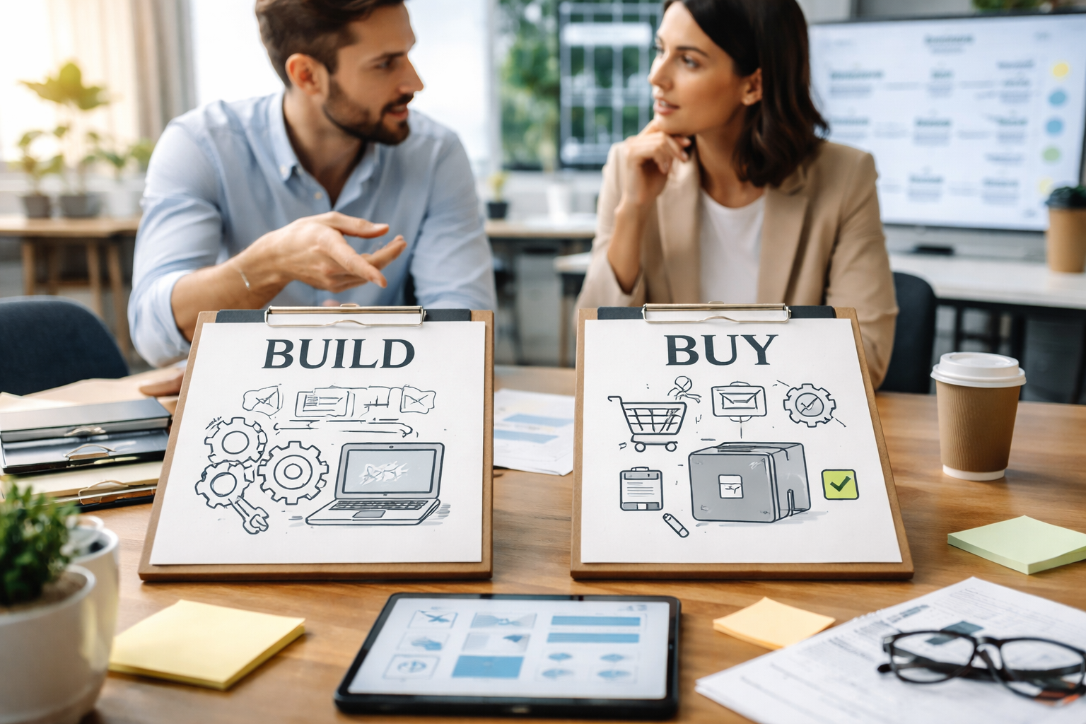 Build vs buy decision comparison in a modern office showing professionals evaluating custom software development versus purchasing solutions