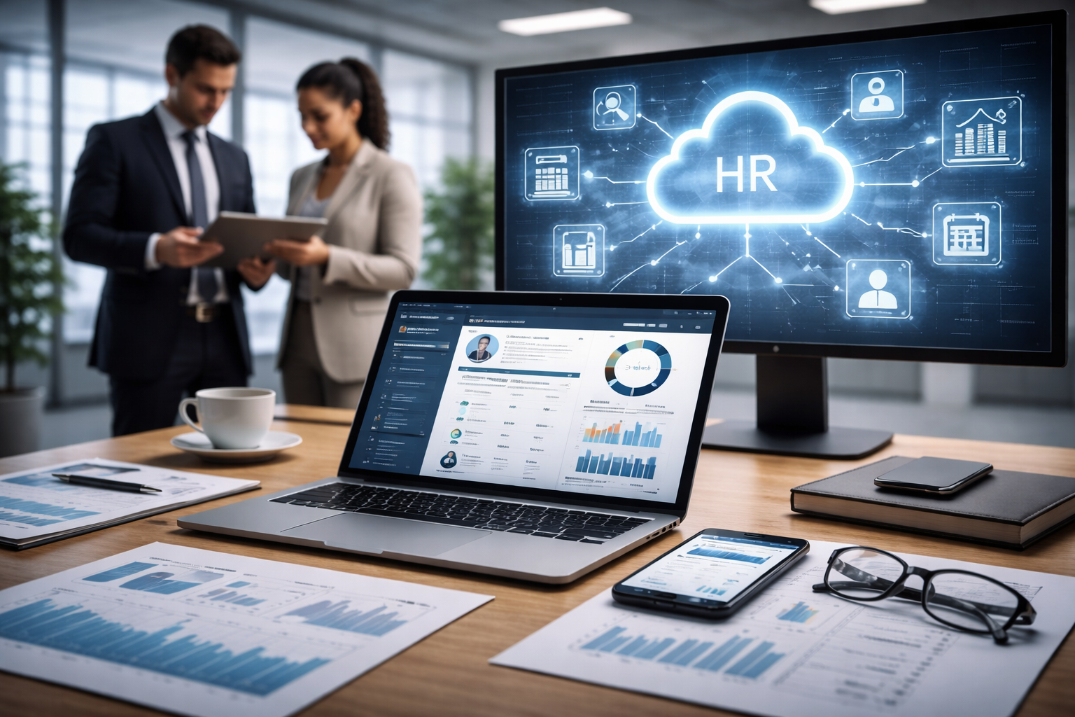 Cloud-native HR system dashboard showing employee data, analytics, and cloud-based human resource management platform