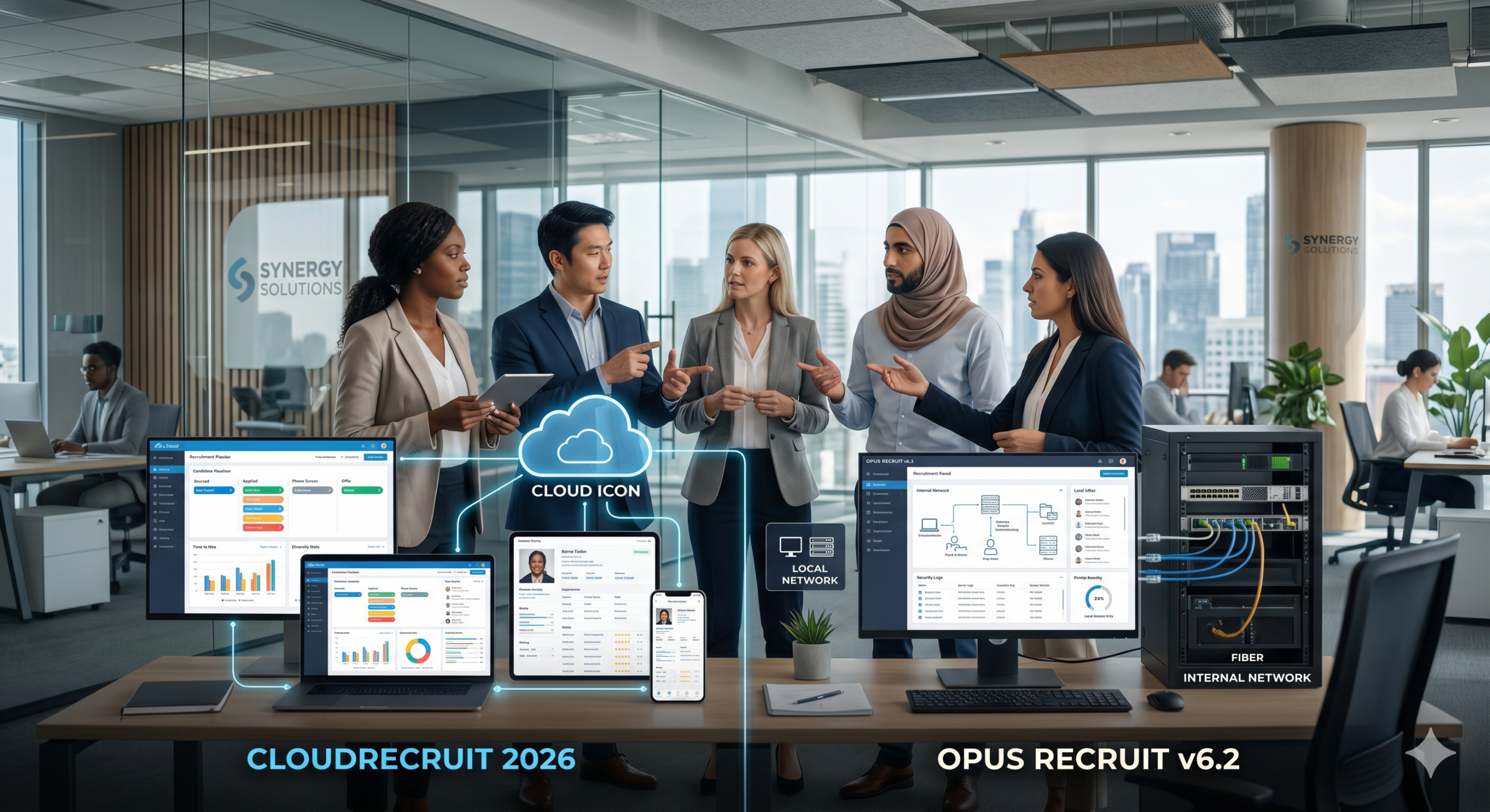 Cloud vs on-premise recruitment comparison showing cloud-based hiring platform across devices and on-premise system with internal servers in an office