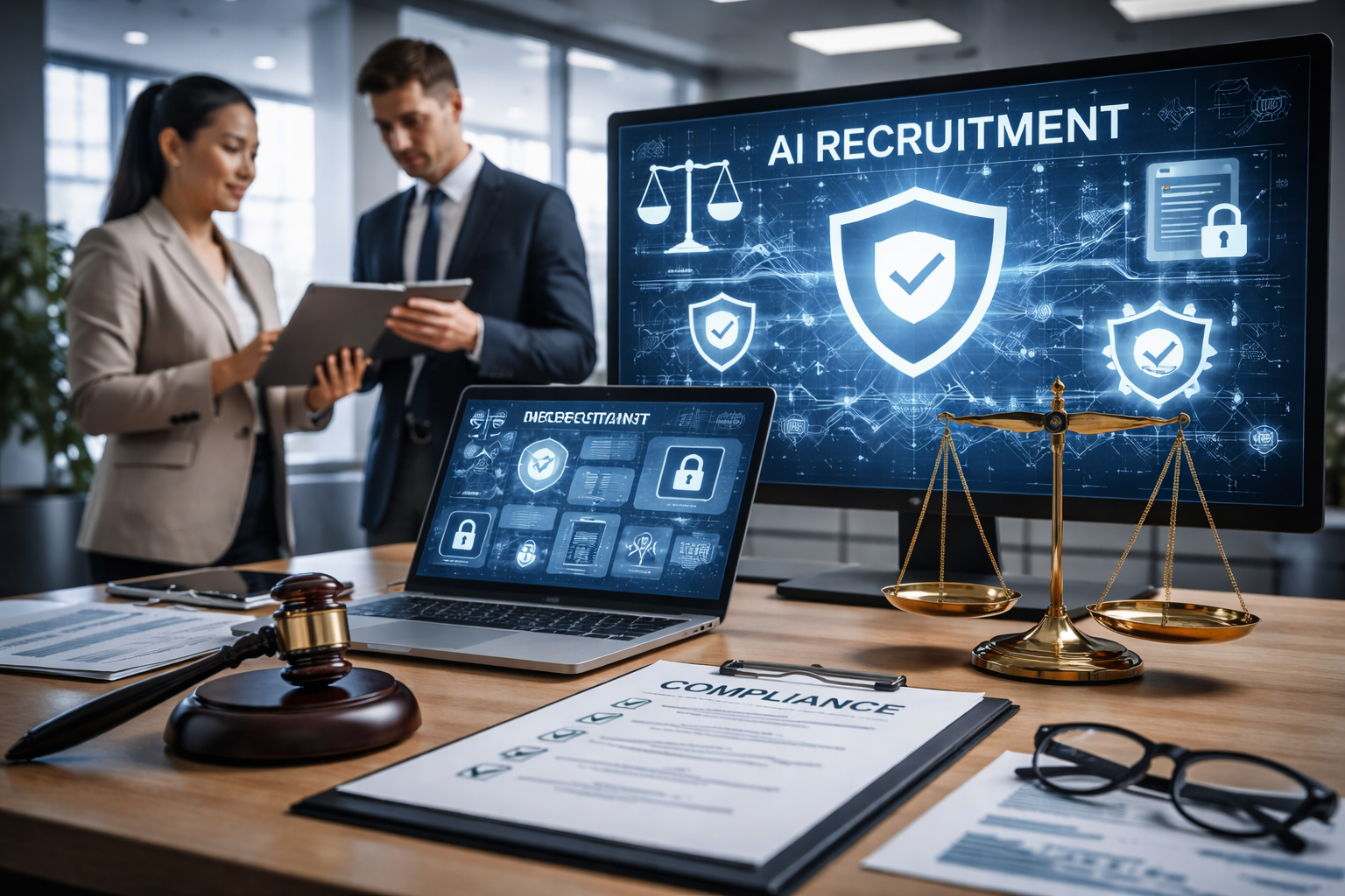 AI recruitment compliance concept with professionals reviewing hiring data and legal guidelines on secure digital systems