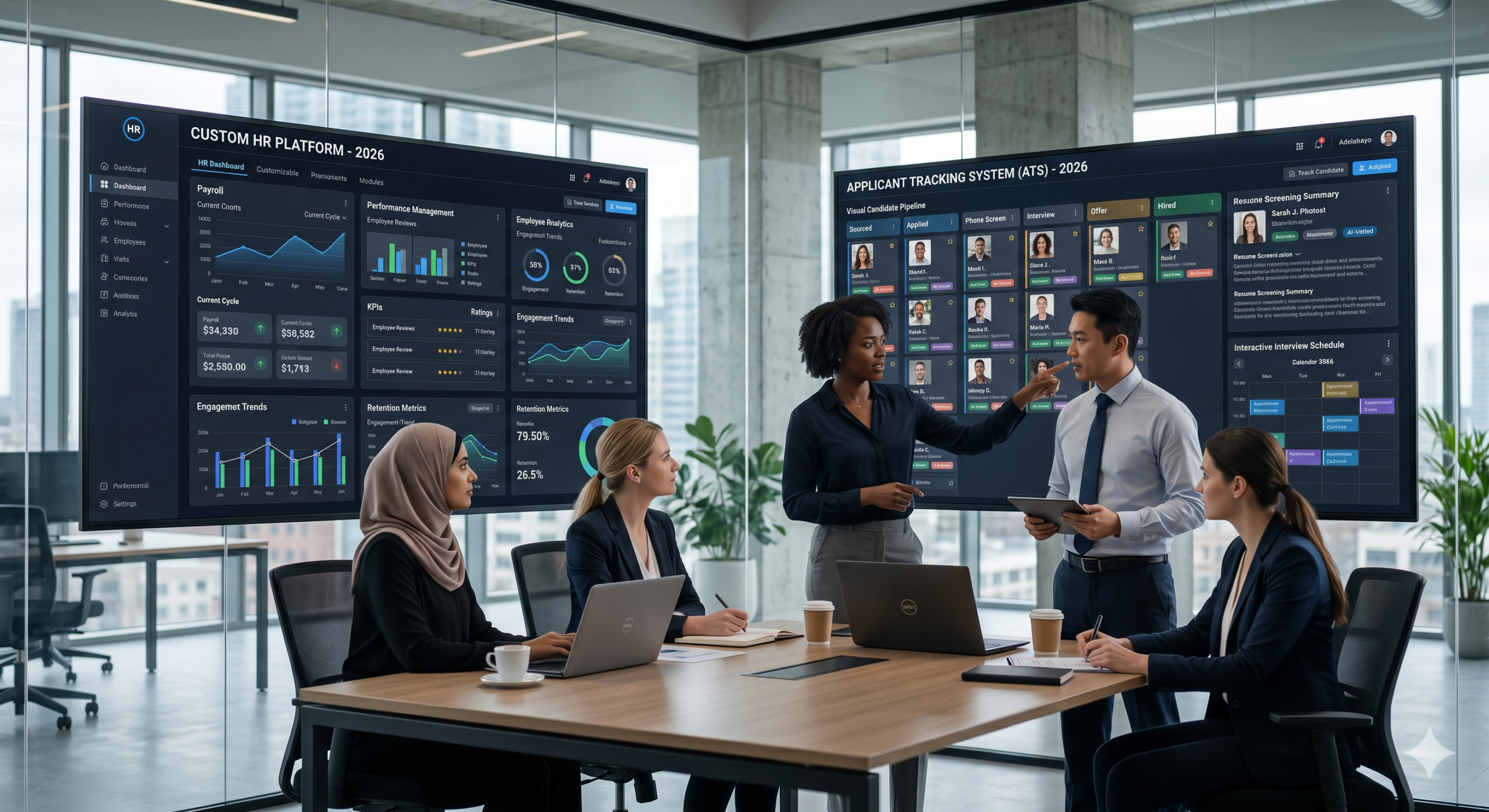 Custom HR platform vs ATS comparison showing HR analytics dashboard and applicant tracking system interface in a modern office setting