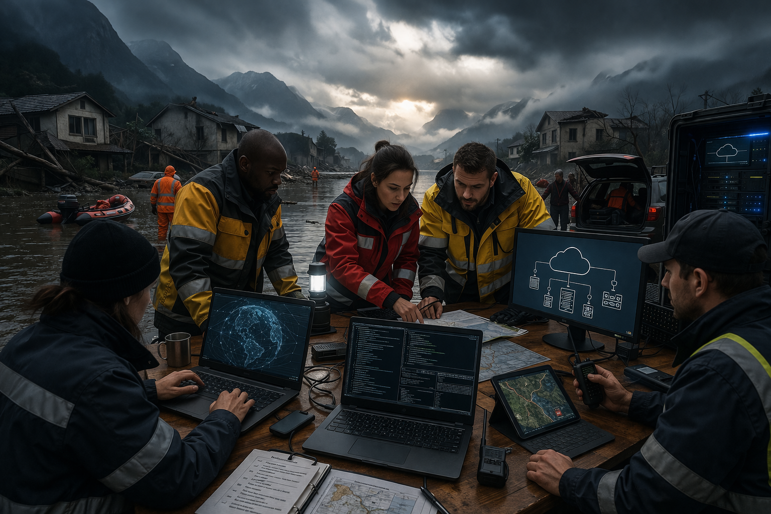 Disaster recovery team managing system restoration at a storm-damaged coastal site with emergency technology and infrastructure monitoring