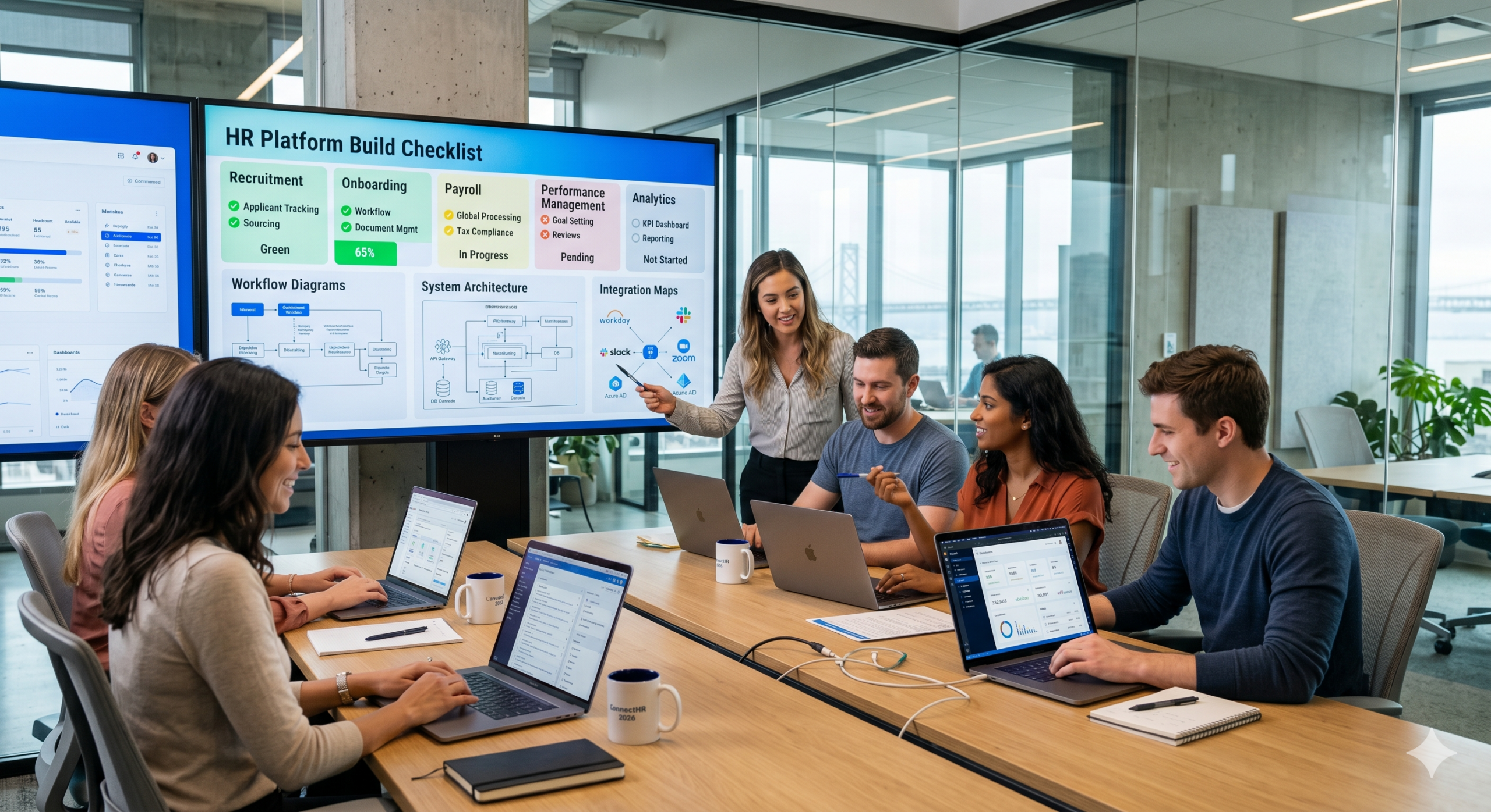 HR platform build checklist showing recruitment, onboarding, payroll, and analytics modules on a digital dashboard with a team collaborating in an office