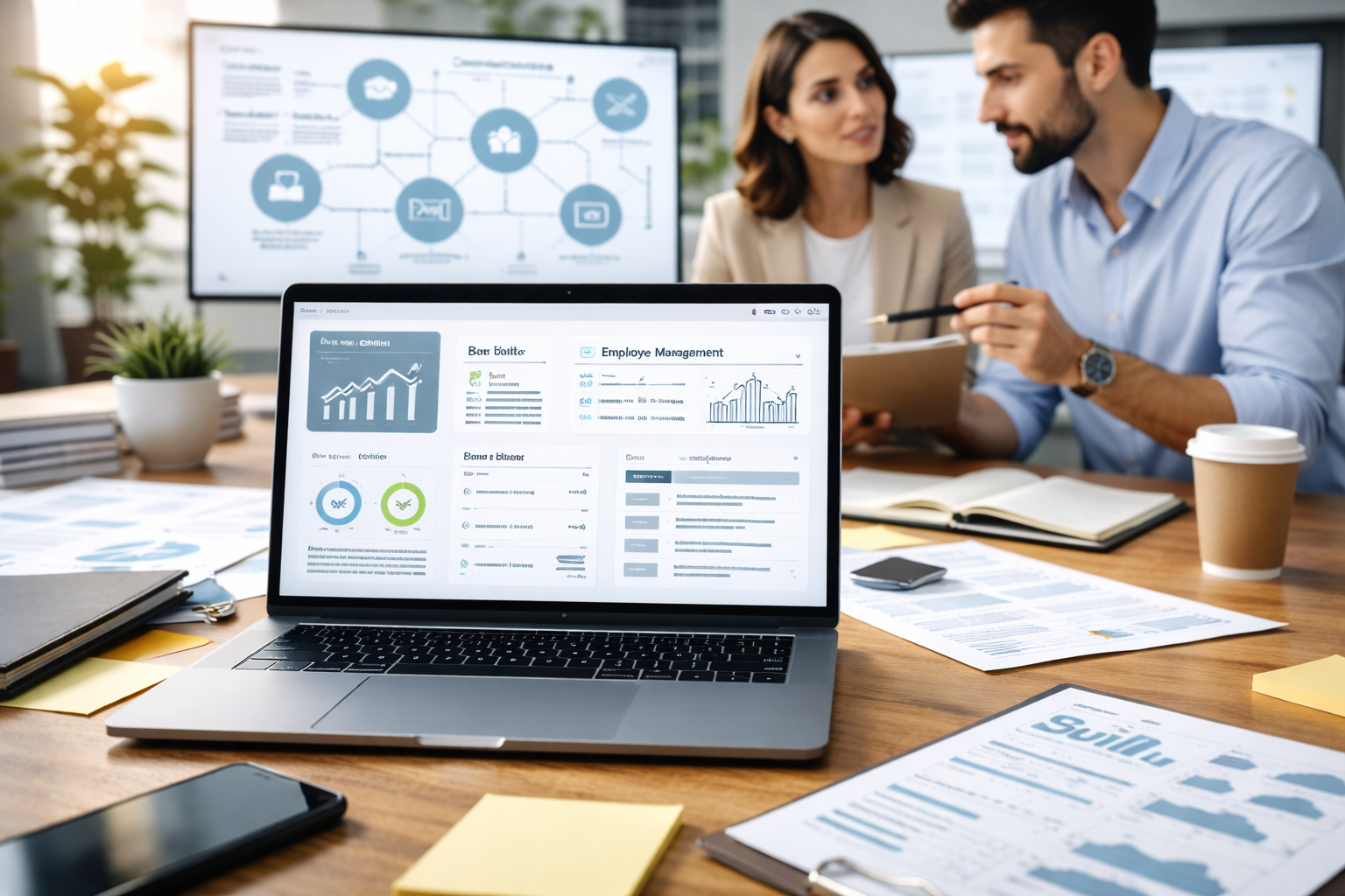 HR platform planning dashboard on a laptop showing recruitment, payroll, and employee management analytics in a modern office setting