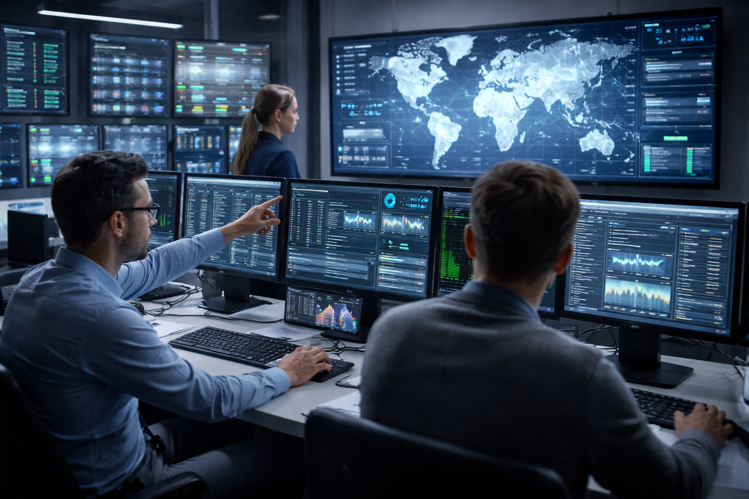 IT operations team monitoring high availability and reliability systems with real-time dashboards in a modern data center