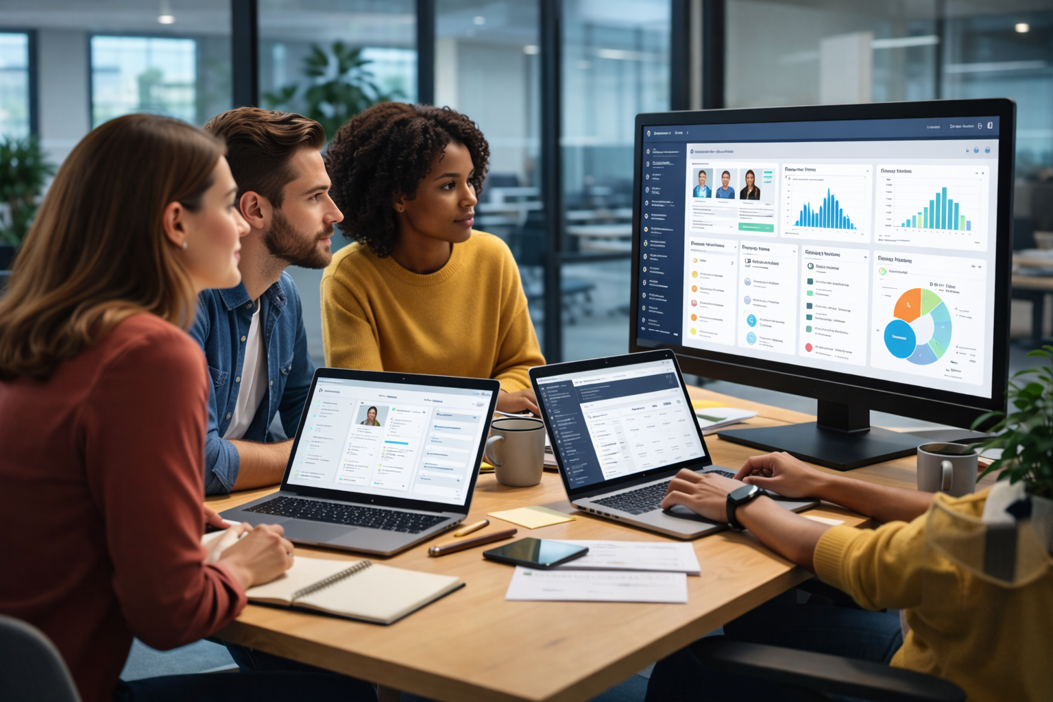 HR professionals reviewing open-source HR software dashboard with employee data, analytics, and performance metrics on screen in a modern office