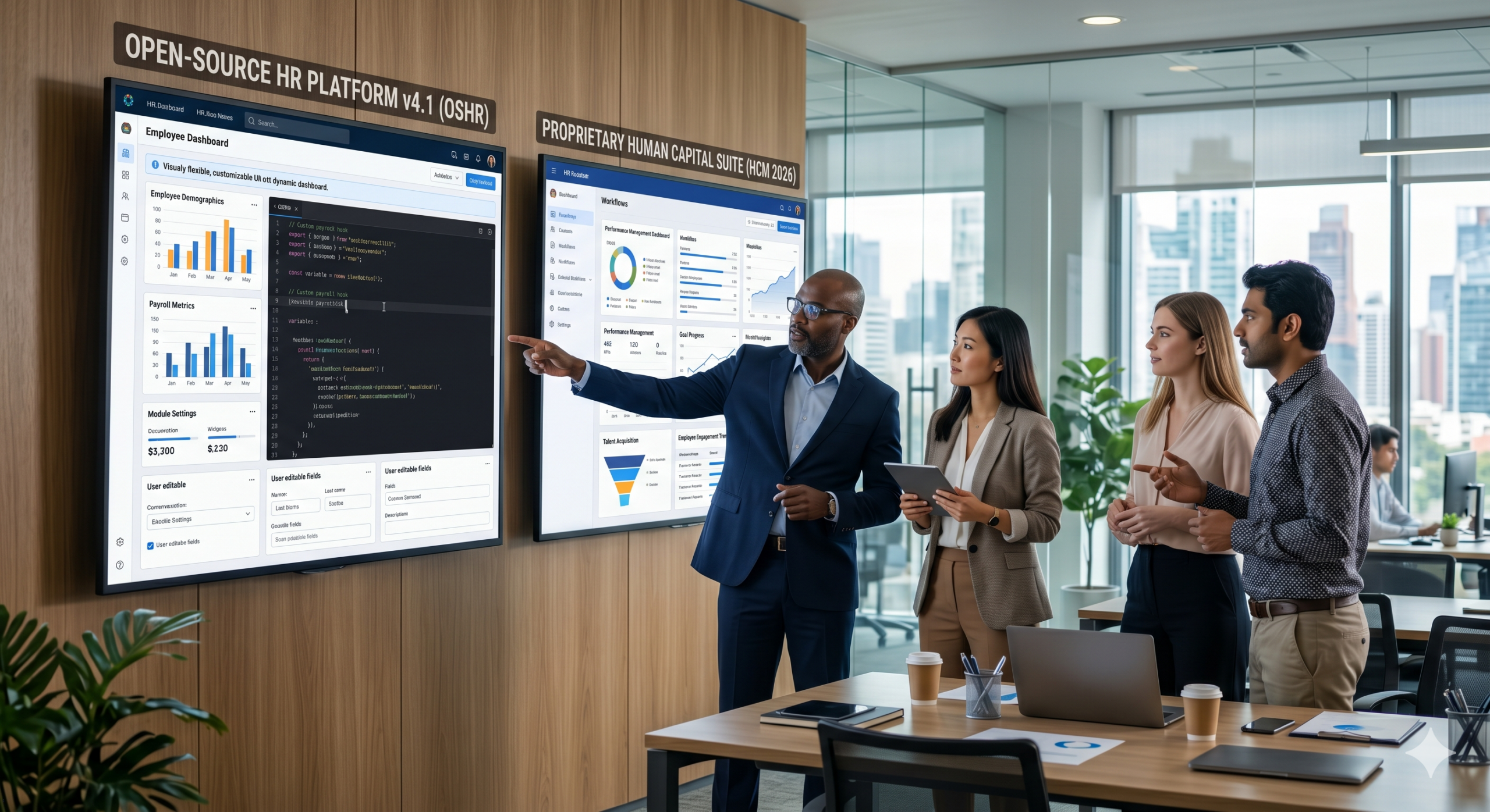 Open-source vs proprietary HR systems comparison showing customizable HR platform and enterprise HR software dashboards in a modern office