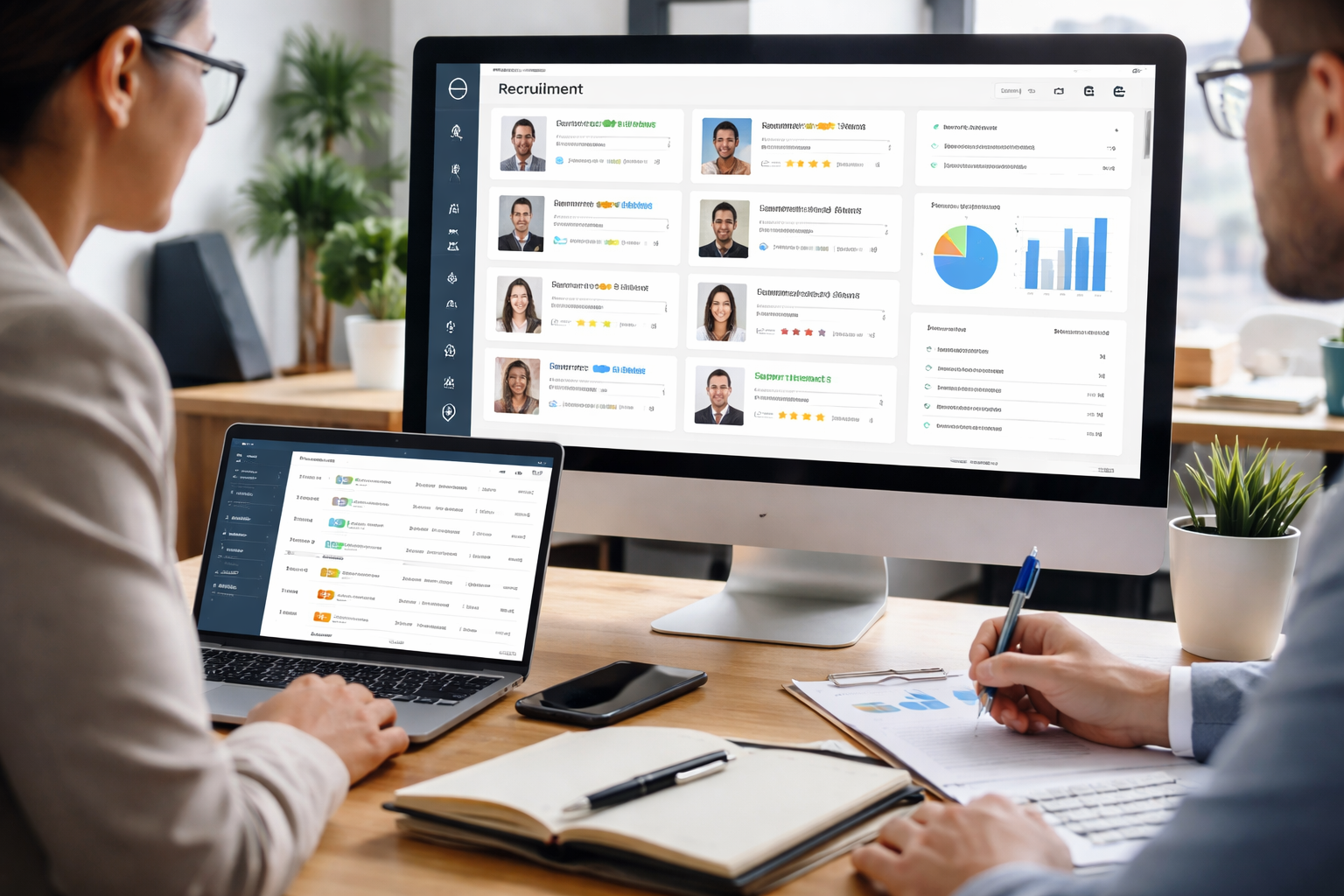 Recruitment team reviewing candidate profiles and analytics dashboard on hiring software in a modern office