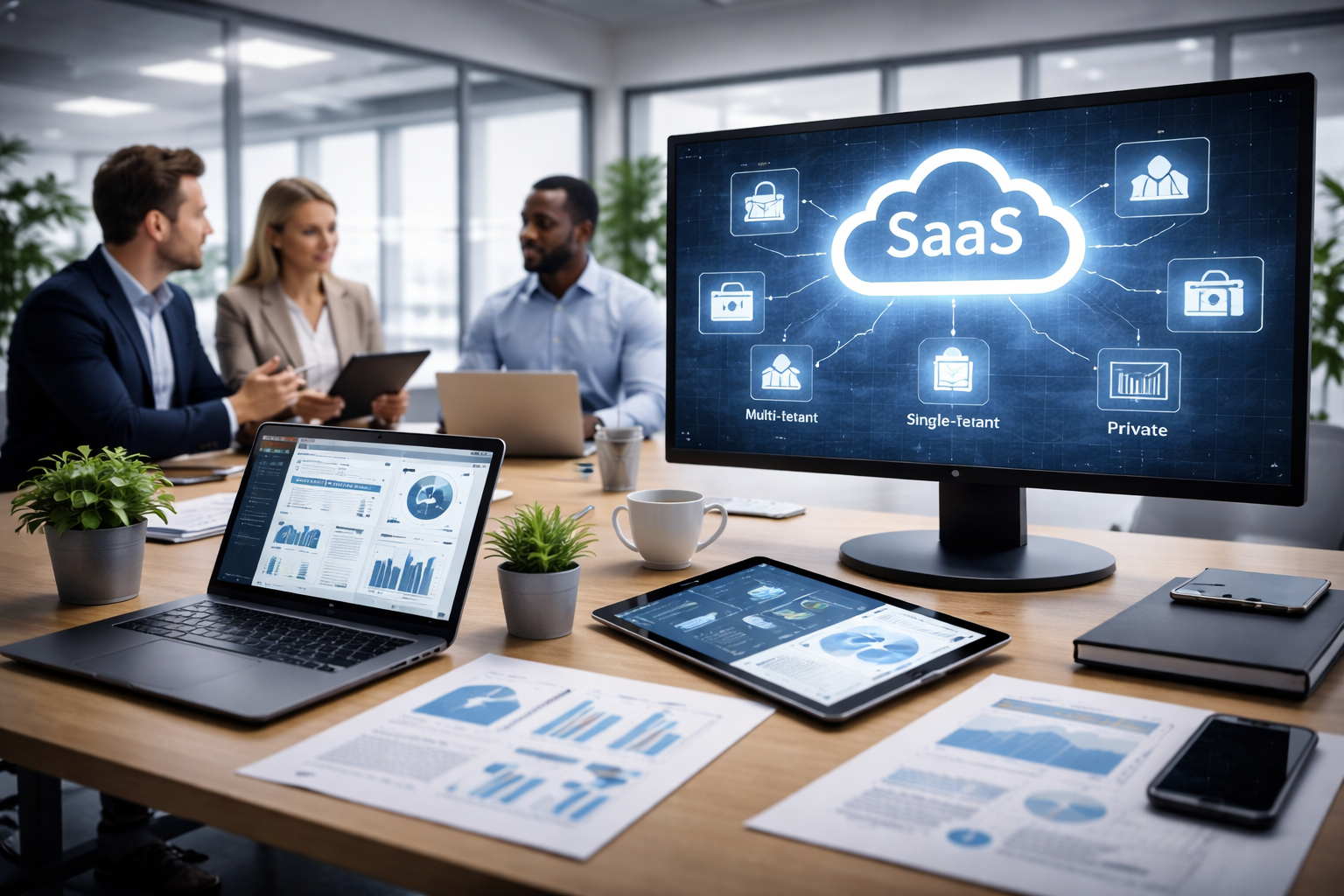 SaaS deployment models dashboard showing cloud solutions with professionals analyzing scalable software architecture in a modern office