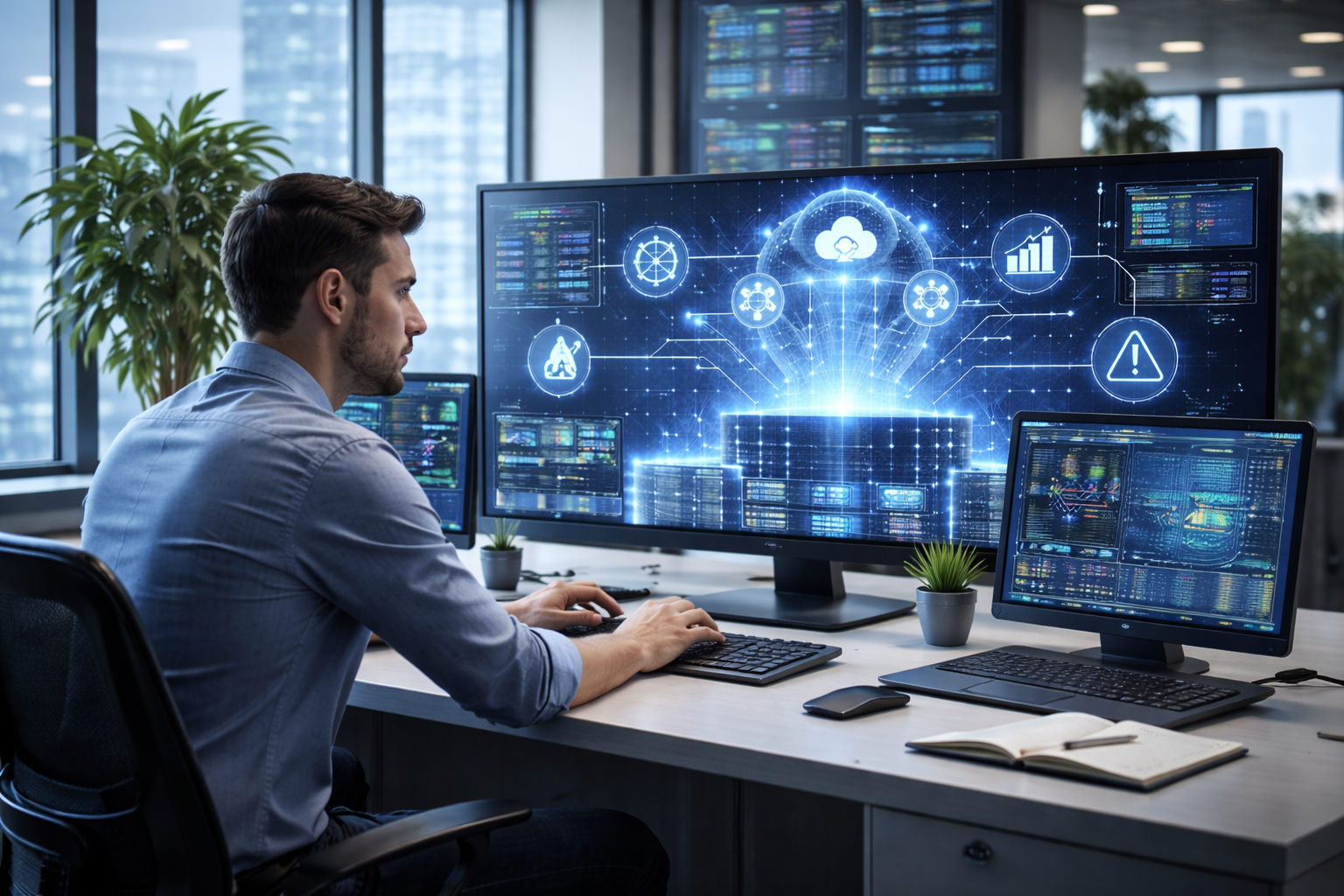 software engineer monitoring scalable system performance on multiple screens showing real-time analytics dashboards in a modern office workspace
