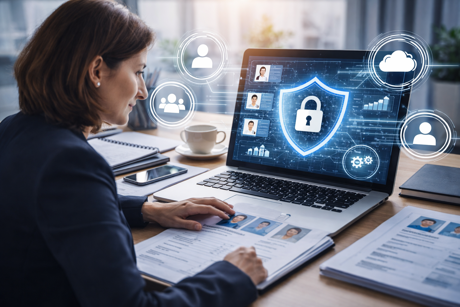 HR specialist reviewing candidates on a secure HR platform with data protection and digital hiring system interface