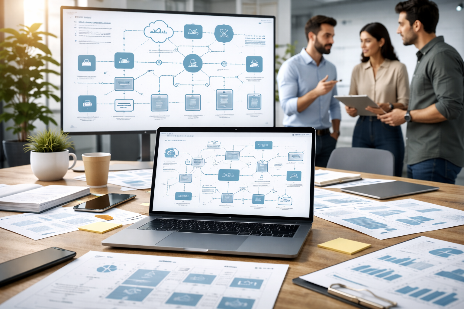 system design and architecture workflow displayed on laptop and digital board showing scalable cloud infrastructure and microservices in a modern office