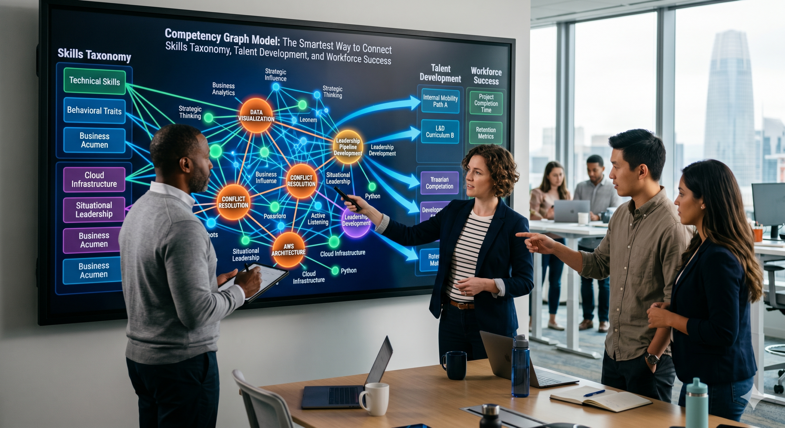 Competency Mapping framework showing skills taxonomy, talent development pathways, and workforce success connections in a modern business environment