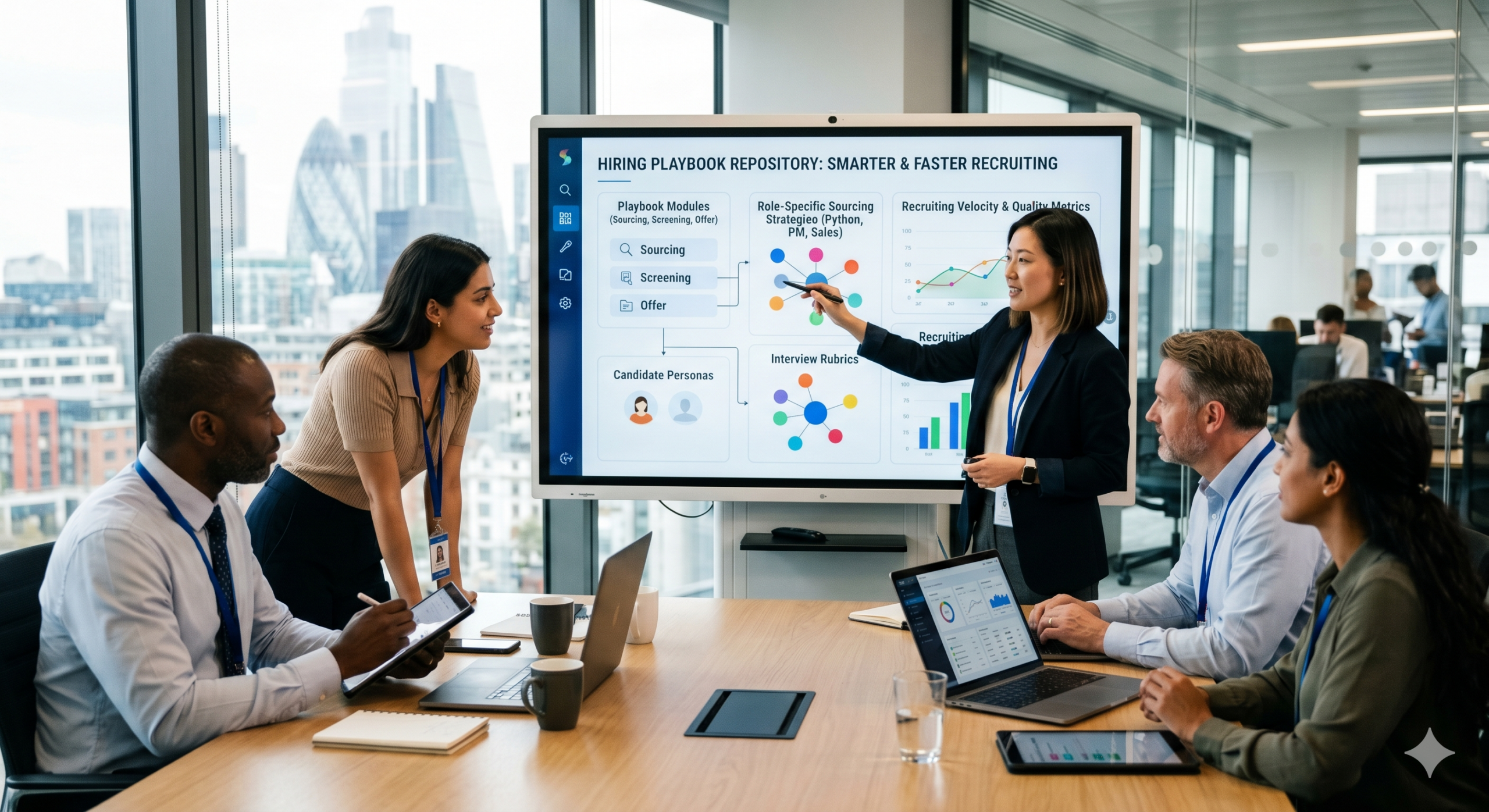 Hiring Playbook Repositories presentation showing recruiters using recruitment knowledge management systems to improve hiring processes, sourcing strategies, interview frameworks, and recruiting performance