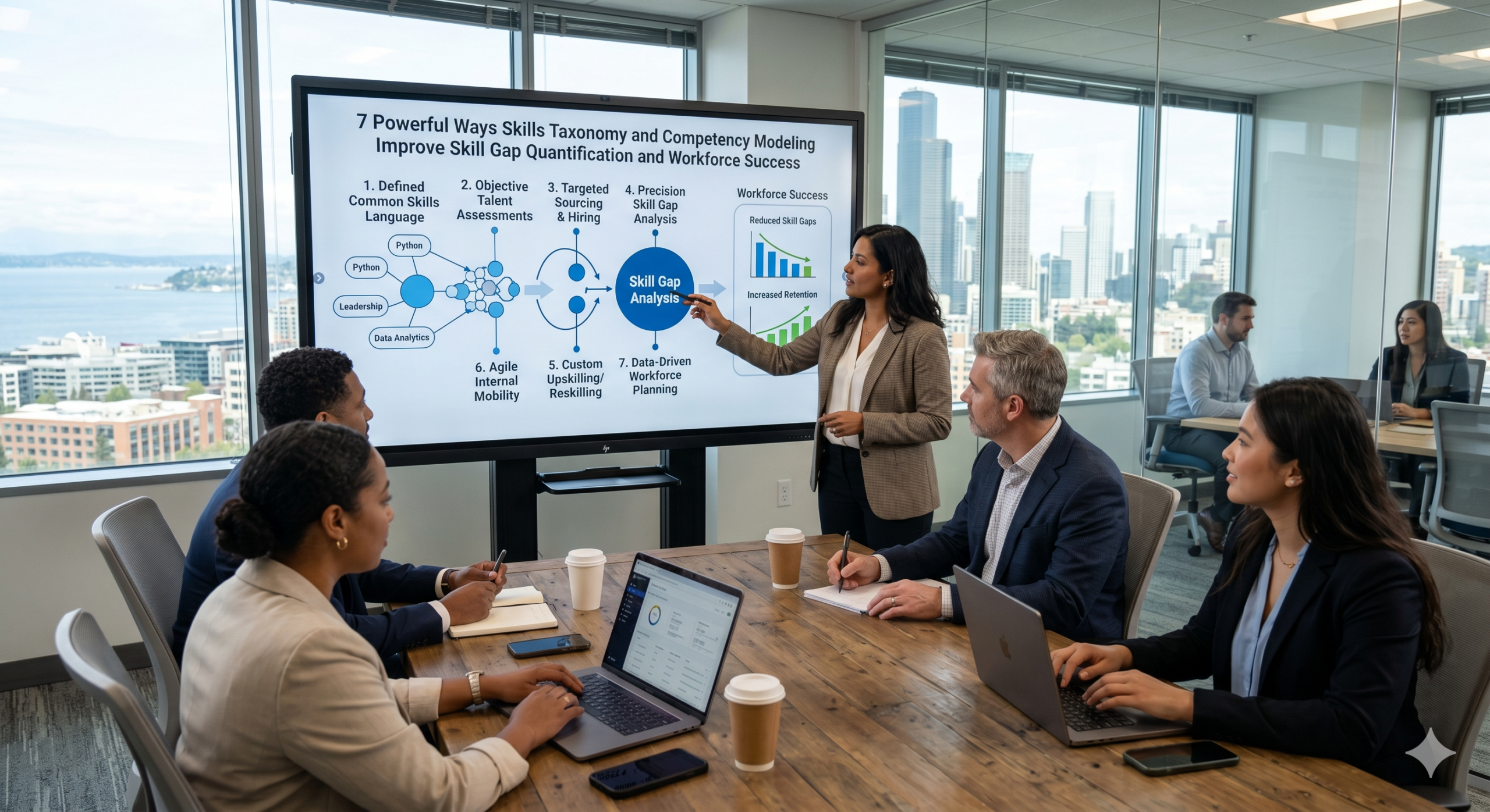 HR professionals and business leaders discussing skills taxonomy, competency modeling, and skill gap quantification during a workforce planning strategy meeting.