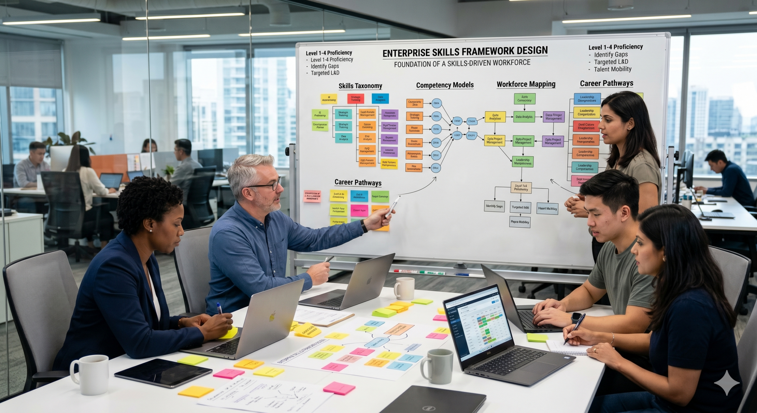 Enterprise Skills Framework Design workshop showing HR leaders and managers mapping skills taxonomy, competency models, workforce planning, and career development pathways in a modern office.