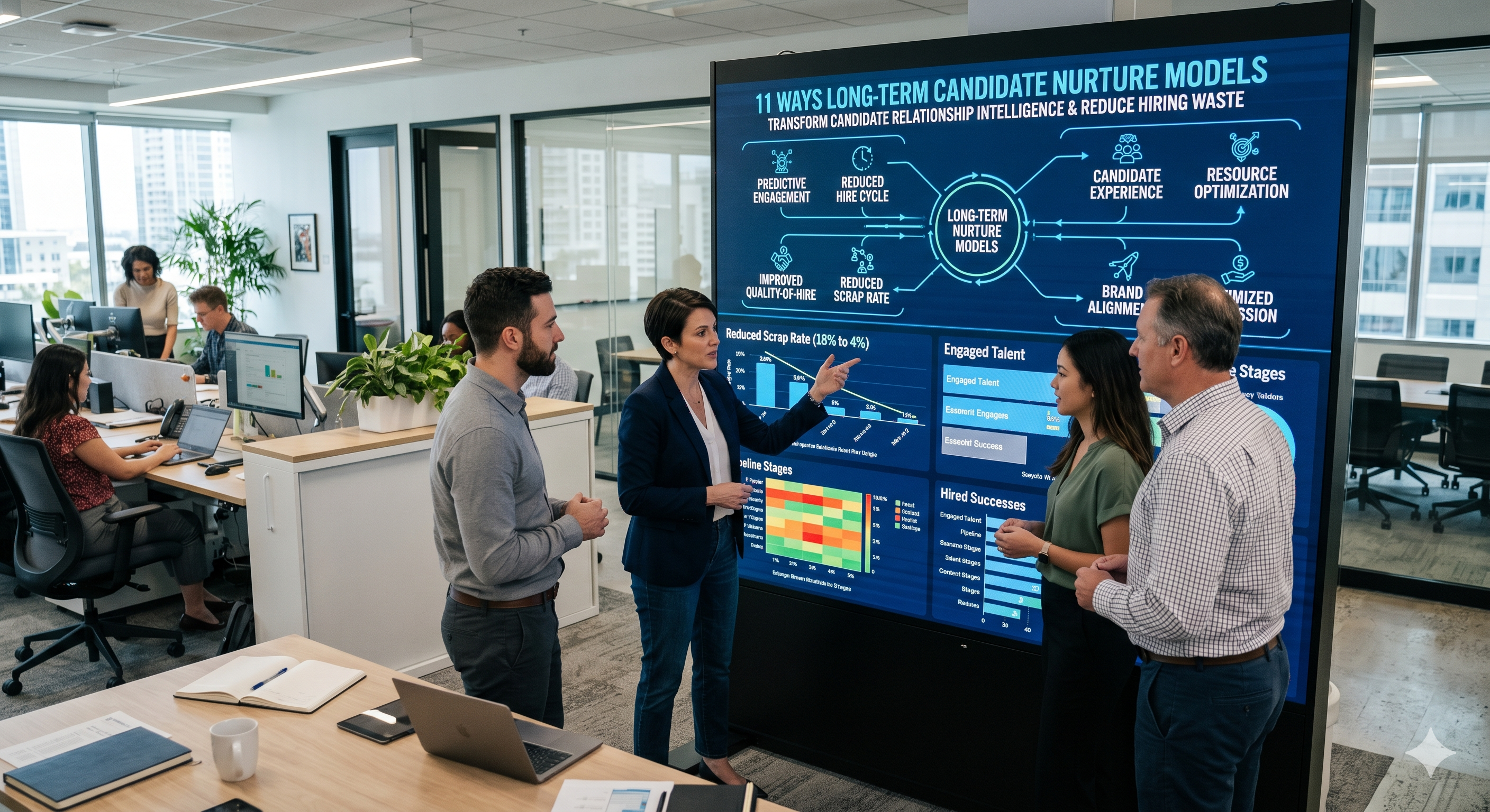 Team analyzing Candidate Nurturing Strategies dashboard to improve hiring efficiency, talent engagement, and candidate relationship intelligence