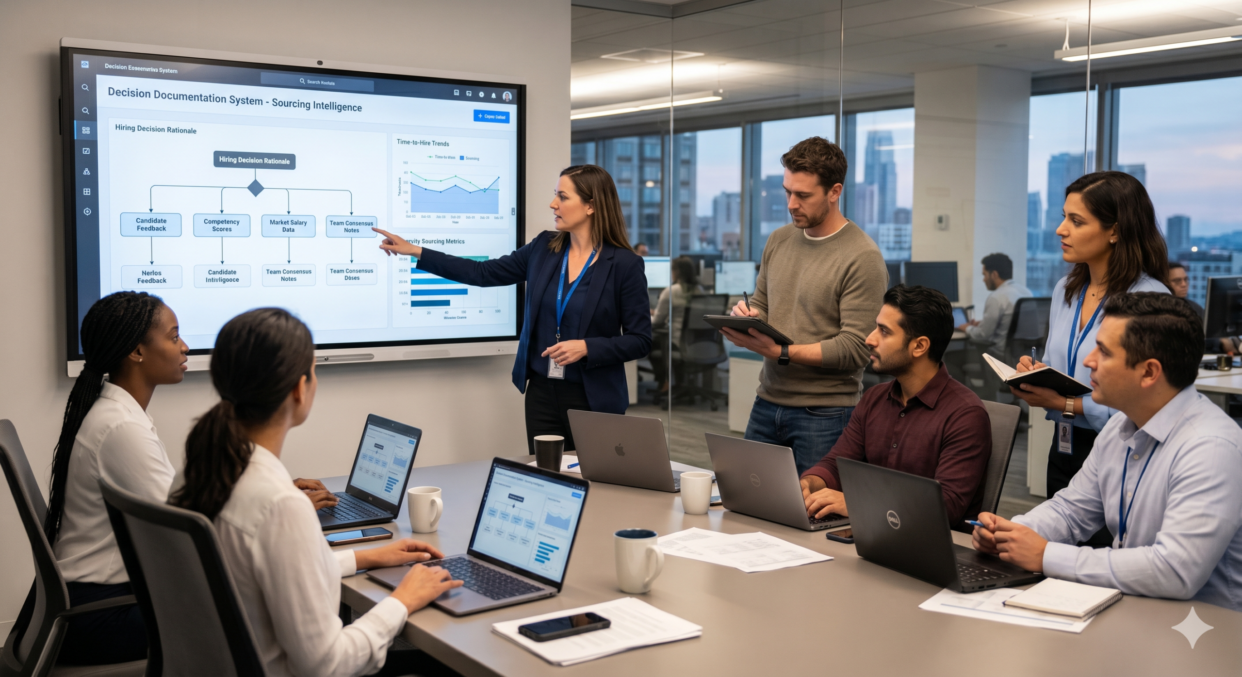 HR and recruiting team using a Decision Documentation System to analyze hiring data, candidate evaluations, and recruitment intelligence during a strategy meeting