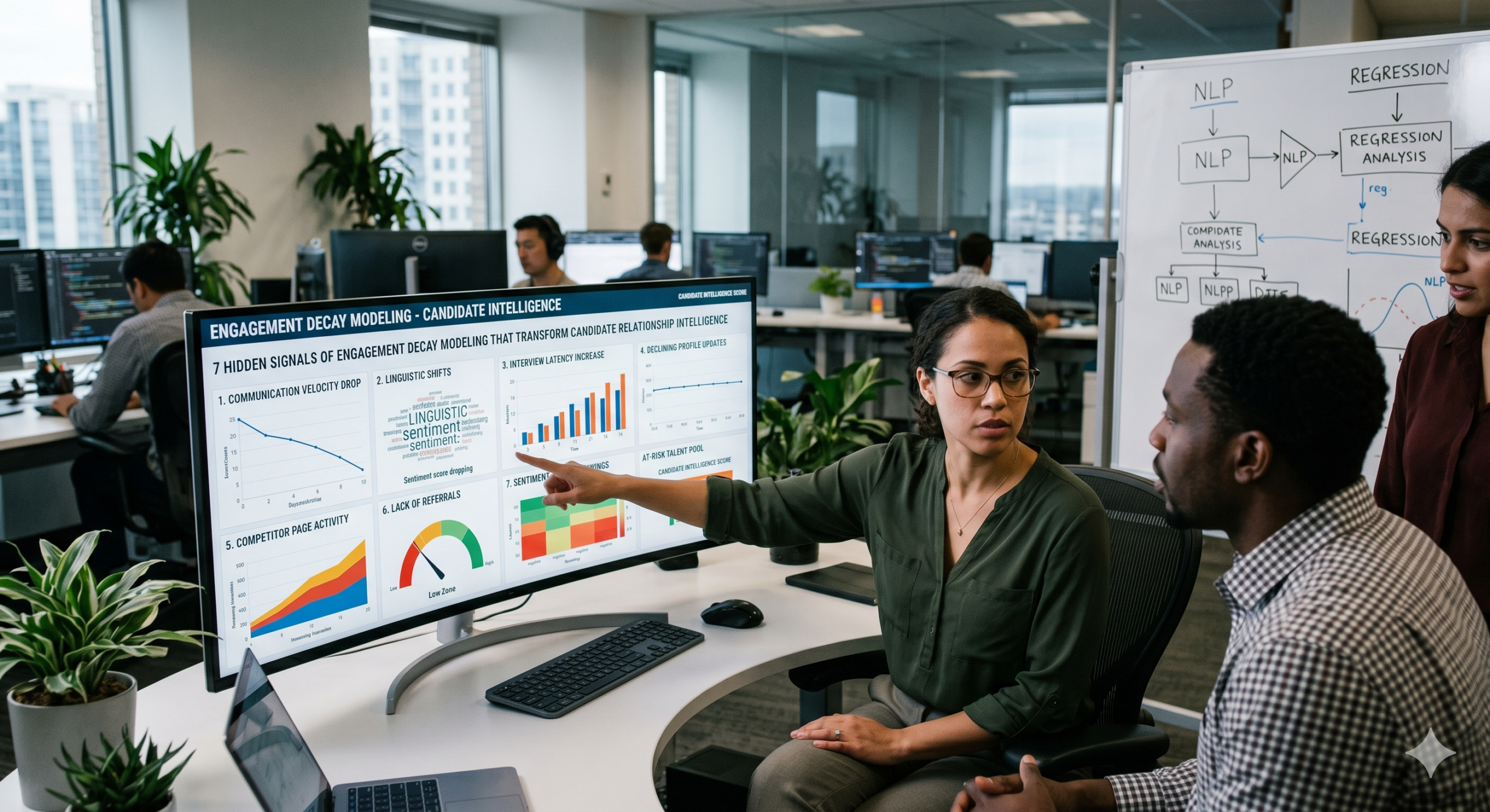 Data science team analyzing Engagement Decay Modeling dashboards and NLP insights to improve Candidate Relationship Intelligence, reduce hiring cycle time, and predict candidate disengagement.