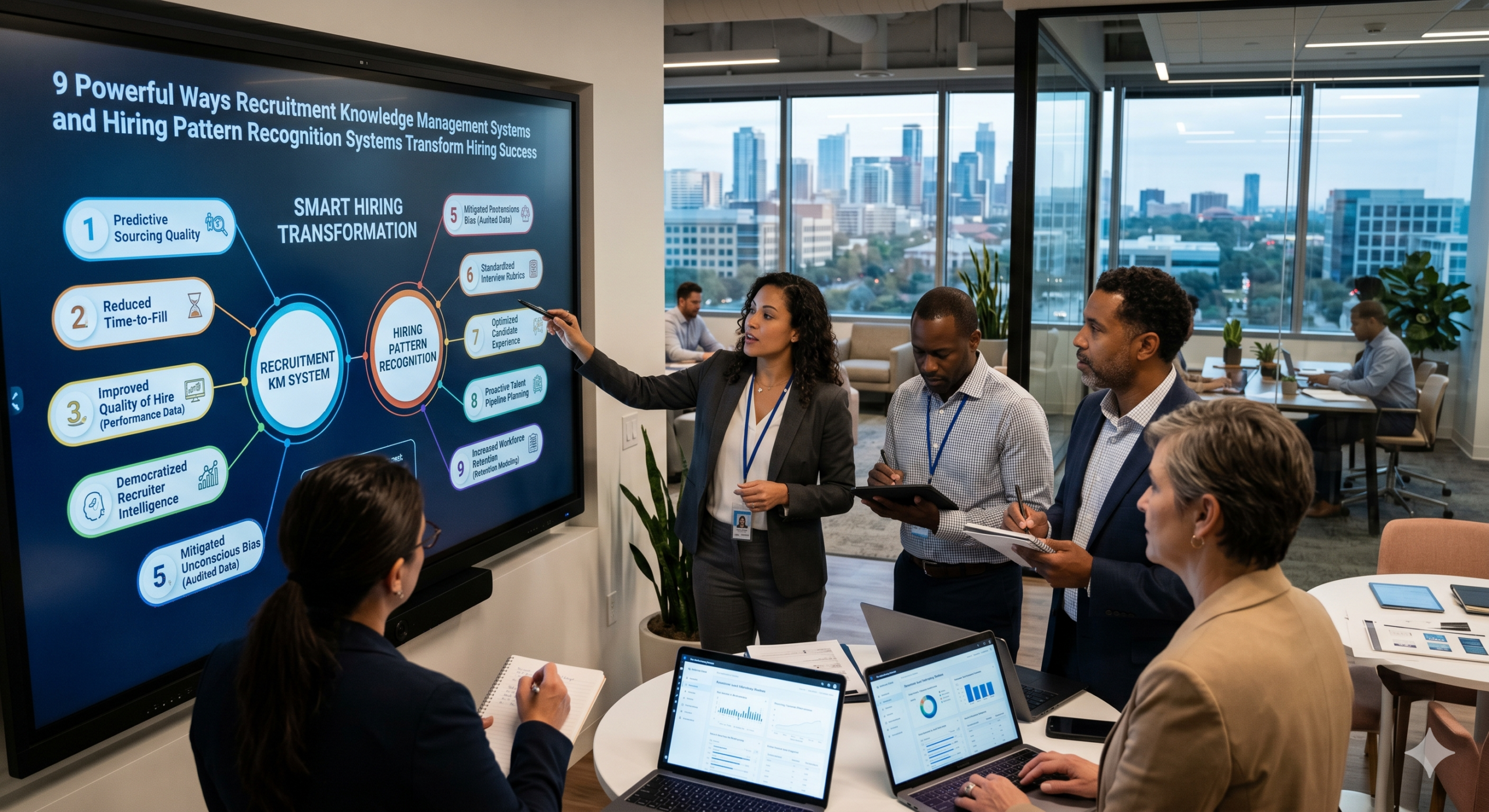 HR professionals using hiring intelligence systems and recruitment knowledge management dashboards to improve talent acquisition decisions and workforce planning